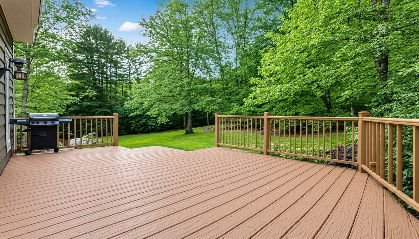 Beautifully crafted wooden deck overlooking a serene backyard.